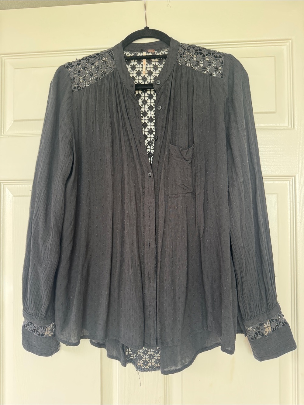 Free People black Eyelet-Trim Button-Down Blouse